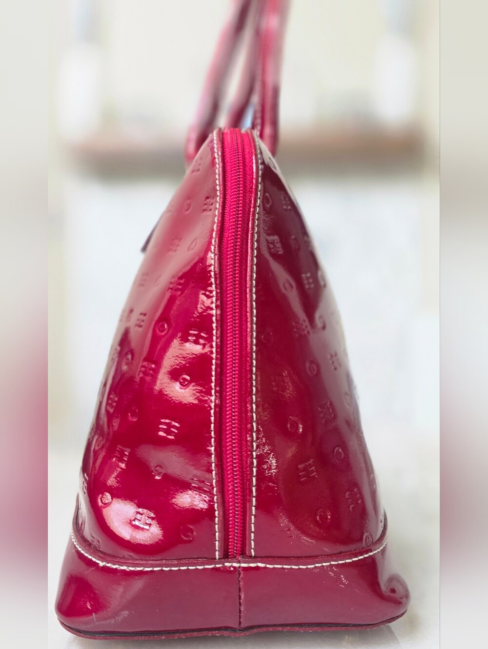 Arcadia Italian Patent Leather Monogram Zip Satchel in Cherry Red - Picture 4 of 15